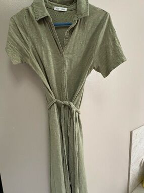 MODODOC Olive Green Maxi Shirt Dress with Tie Waist